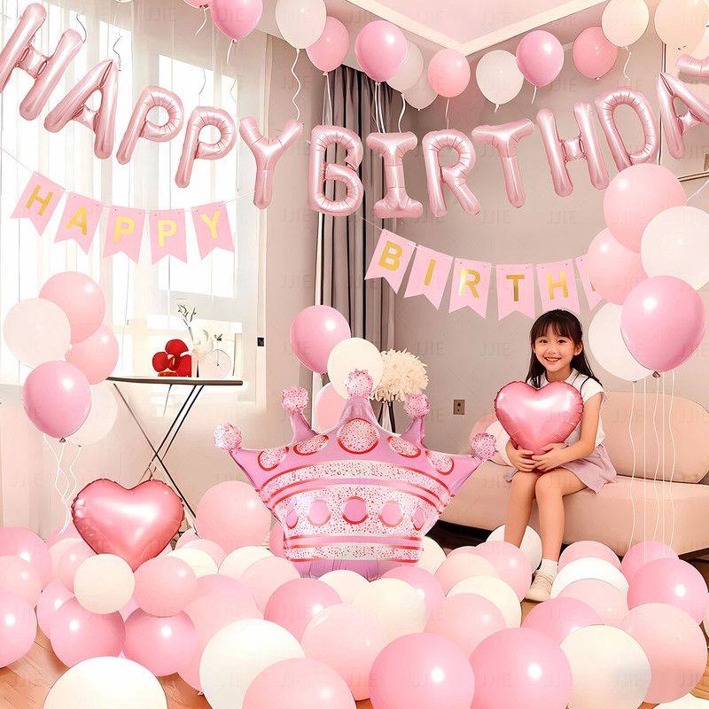 Birthday Party Decor Set: “HAPPY BIRTHDAY” Balloons + Bunting + Crown Set, Birthday Party Decor - Pink Set
