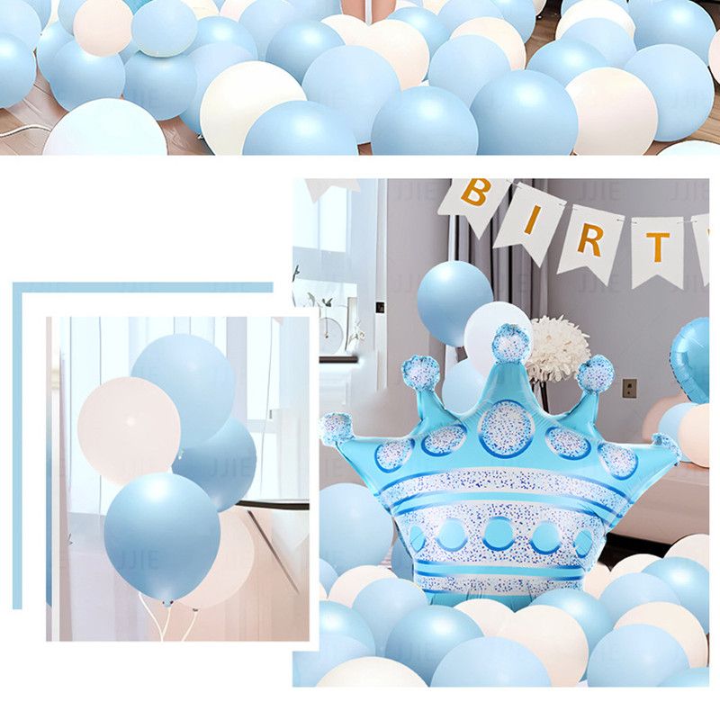 Birthday Party Decor Set: “HAPPY BIRTHDAY” Balloons + Bunting + Crown Set, Birthday Party Decor - Blue Set