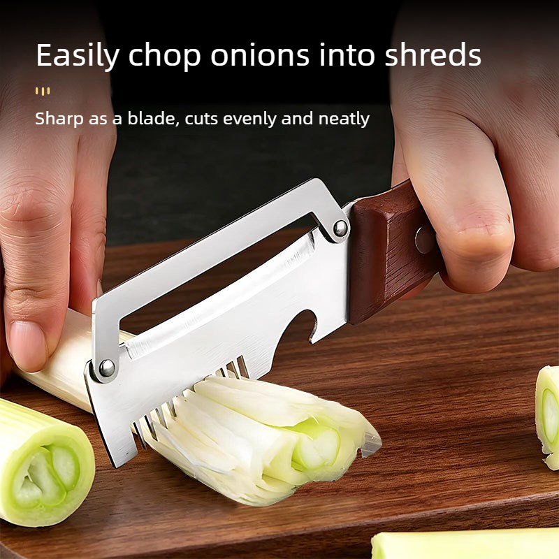 2 Pack Multi-functional Stainless Steel Peeler Set, Wooden Handle Vegetable Peeler & Scallion Slicer with Bottle Opener for Kitchen