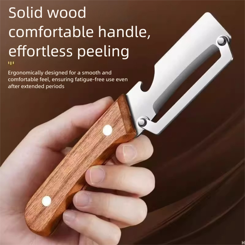 2 Pack Multi-functional Stainless Steel Peeler Set, Wooden Handle Vegetable Peeler & Scallion Slicer with Bottle Opener for Kitchen