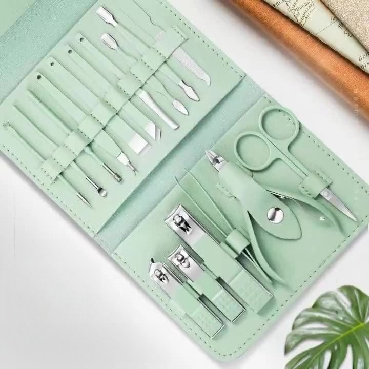 16-Piece Stainless Steel Manicure and Pedicure Set, Home Nail Clippers and Cuticle Tools Kit for Hand, Foot, and Facial Care—Green