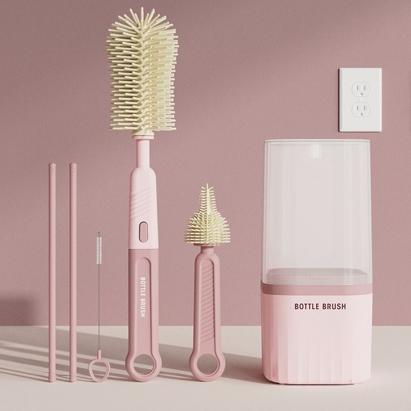 6-in-1 Portable Silicone Bottle Brush Set with Drying Storage Box, All-Purpose Cleaner for Baby Bottles, Nipples, and Straw Cups—Pink