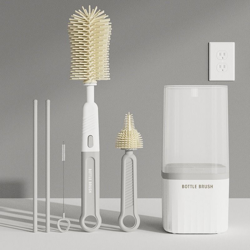 6-in-1 Portable Silicone Bottle Brush Set with Drying Storage Box, All-Purpose Cleaner for Baby Bottles, Nipples, and Straw Cups - Gray