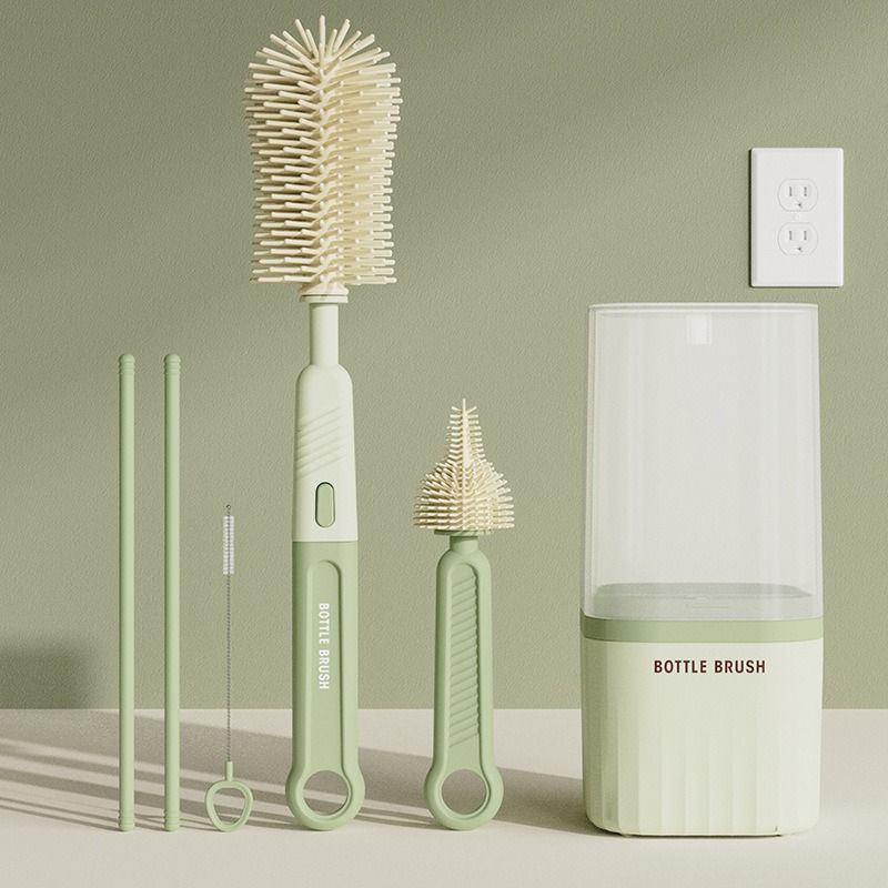 6-in-1 Portable Silicone Bottle Brush Set with Drying Storage Box, All-Purpose Cleaner for Baby Bottles, Nipples, and Straw Cups—Green