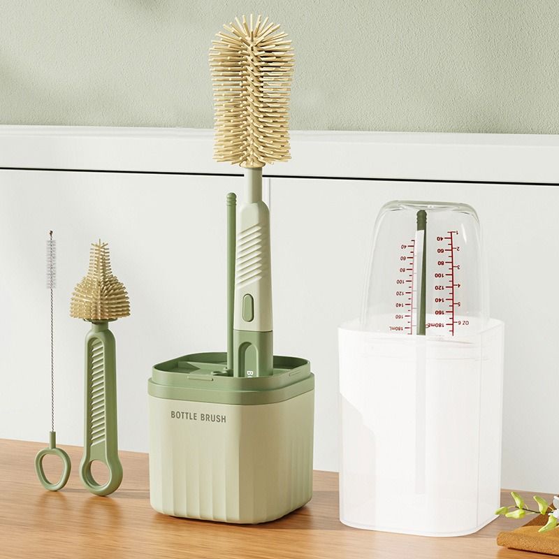 6-in-1 Portable Silicone Bottle Brush Set with Drying Storage Box, All-Purpose Cleaner for Baby Bottles, Nipples, and Straw Cups—Green