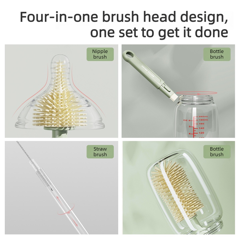 6-in-1 Portable Silicone Bottle Brush Set with Drying Storage Box, All-Purpose Cleaner for Baby Bottles, Nipples, and Straw Cups—Green