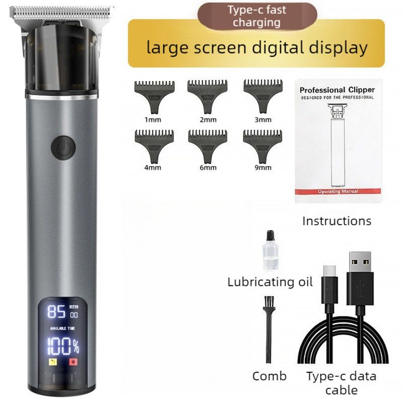 Digital Display Hair Clipper, Professional T-Blade Trimmer for Bald Heads & Hair Carving—Gray