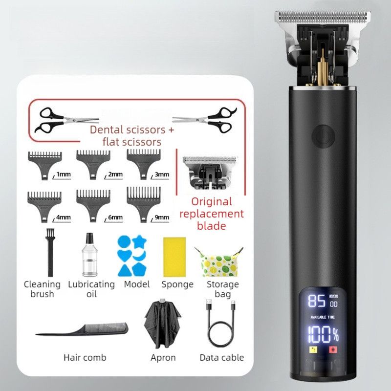 Professional Digital Display Hair Clipper, Multi-Accessory T-Blade Trimmer for Bald Heads & Hair Carving—Black