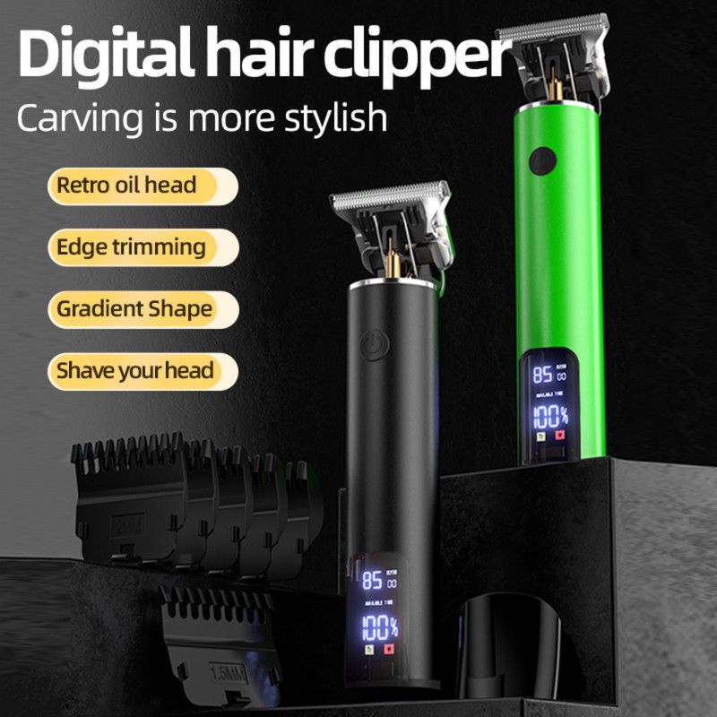 Professional Digital Display Hair Clipper, Multi-Accessory T-Blade Trimmer for Bald Heads & Hair Carving—Gray