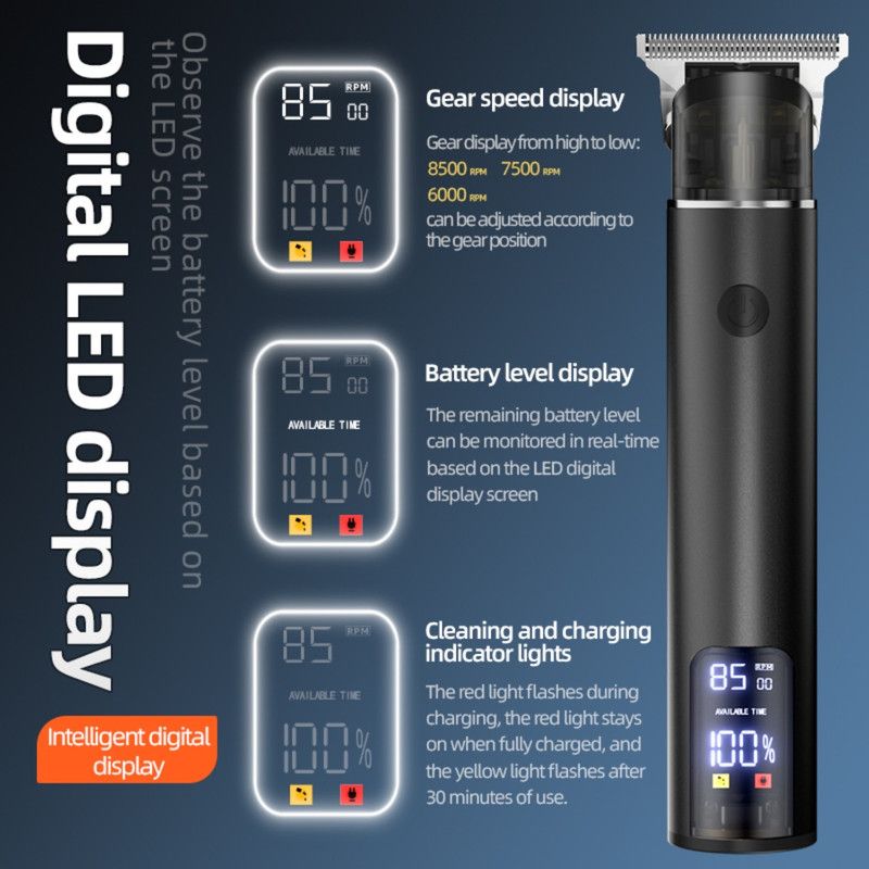 Professional Digital Display Hair Clipper, Multi-Accessory T-Blade Trimmer for Bald Heads & Hair Carving—Gray