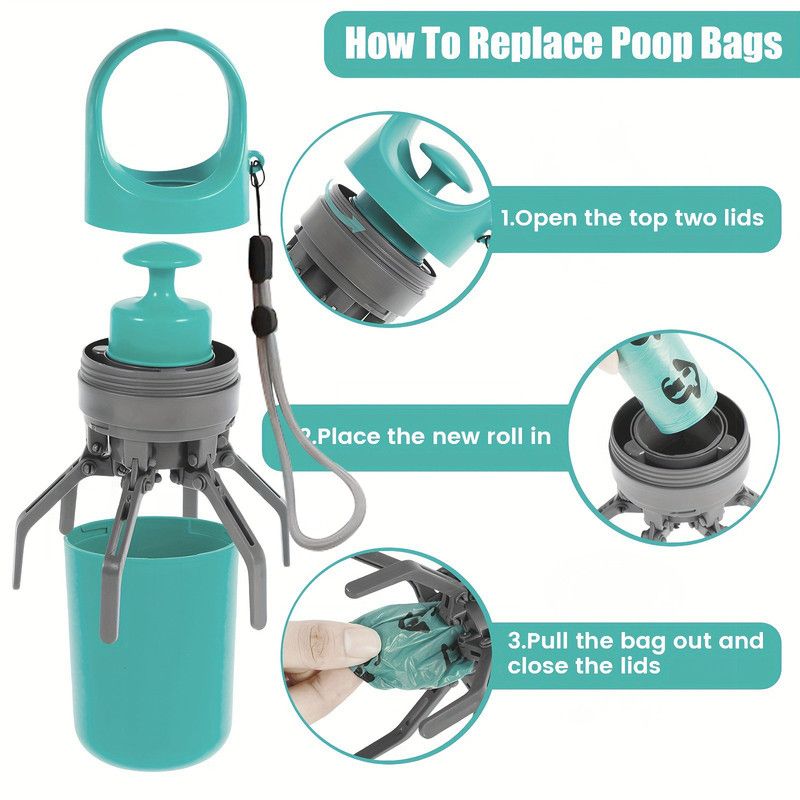 Blue - 6-Claw Portable Pet Poop Picker, Outdoor Pet Poop Pick-Up Tool, Plus a Free Roll of Trash Bags