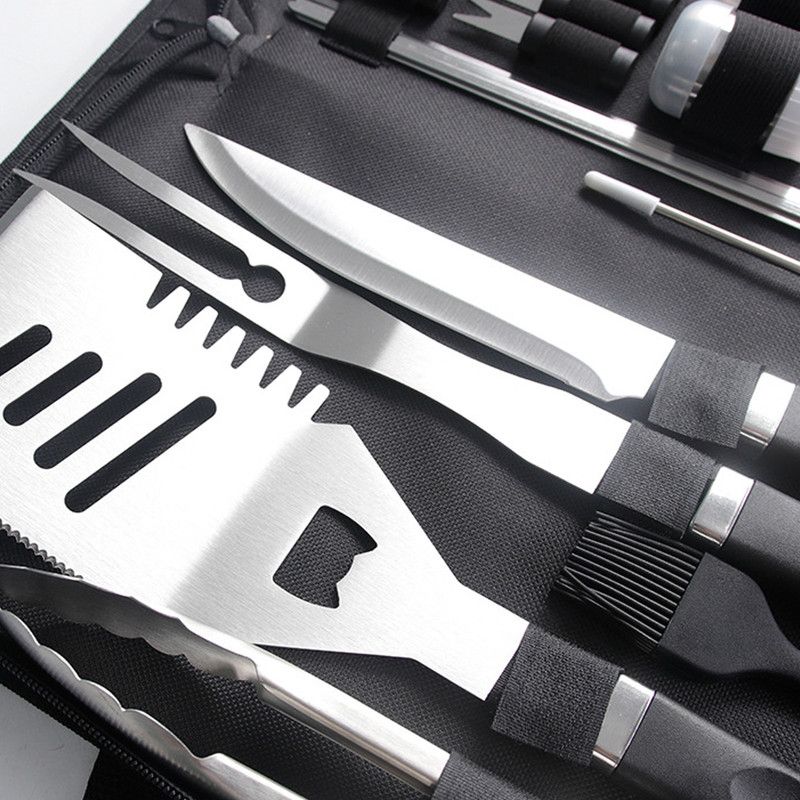 Complete Multi-Functional BBQ Tool Set, 31-Piece Deluxe BBQ Tool Set, Food-Grade Stainless Steel BBQ Tools with Wood-Grain Handles—Ideal for Home and Outdoor BBQs, Includes Portable Camping Storage Bag—Black