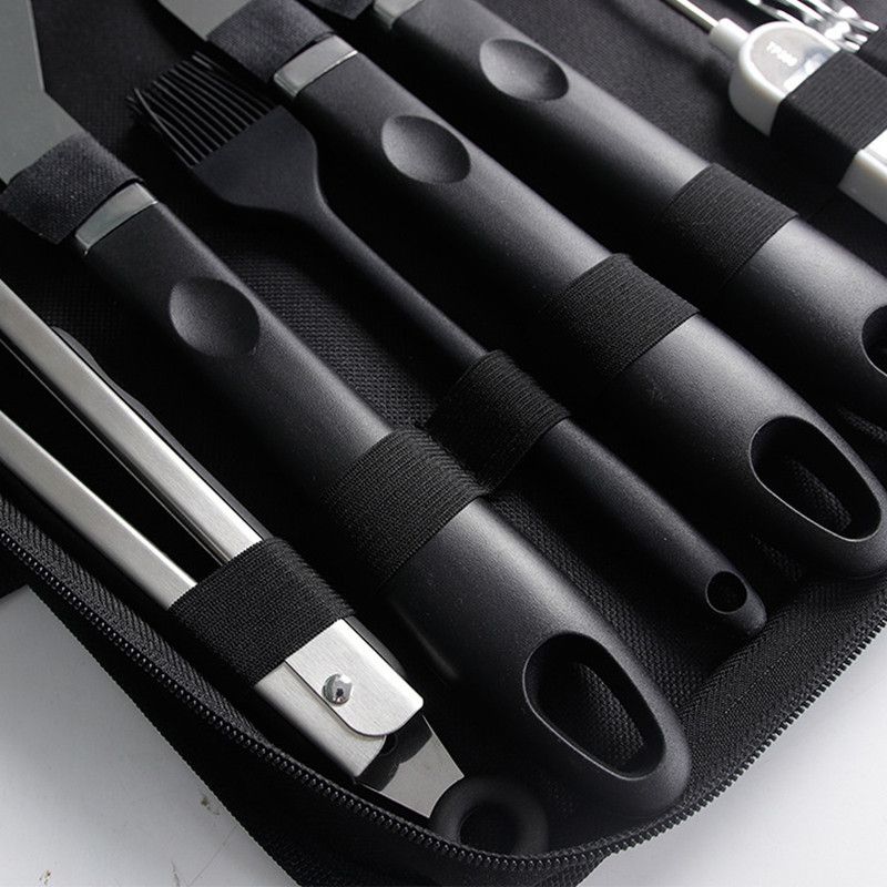 Complete Multi-Functional BBQ Tool Set, 31-Piece Deluxe BBQ Tool Set, Food-Grade Stainless Steel BBQ Tools with Wood-Grain Handles—Ideal for Home and Outdoor BBQs, Includes Portable Camping Storage Bag—Black