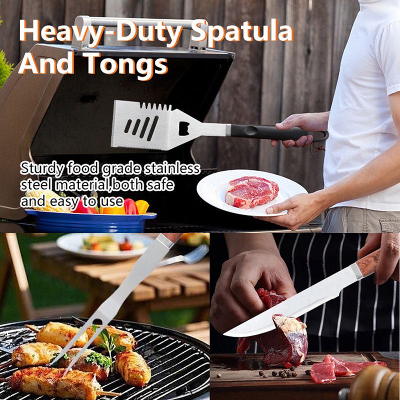 Complete Multi-Functional BBQ Tool Set, 31-Piece Deluxe BBQ Tool Set, Food-Grade Stainless Steel BBQ Tools with Wood-Grain Handles—Ideal for Home and Outdoor BBQs, Includes Portable Camping Storage Bag—Black