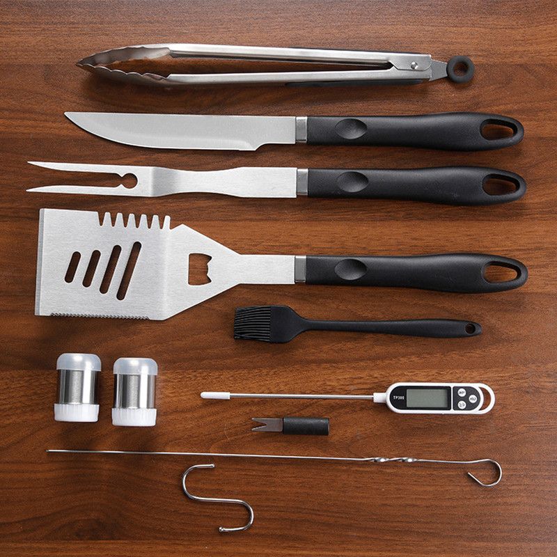 Complete Multi-Functional BBQ Tool Set, 31-Piece Deluxe BBQ Tool Set, Food-Grade Stainless Steel BBQ Tools with Wood-Grain Handles—Ideal for Home and Outdoor BBQs, Includes Portable Camping Storage Bag—Black
