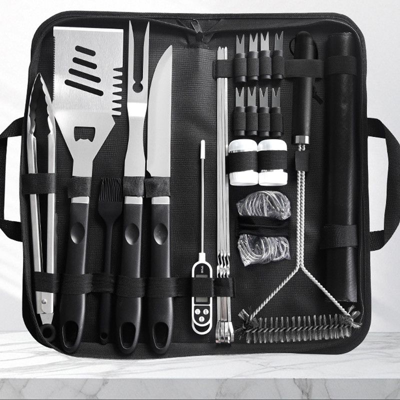 Complete Multi-Functional BBQ Tool Set, 31-Piece Deluxe BBQ Tool Set, Food-Grade Stainless Steel BBQ Tools with Wood-Grain Handles—Ideal for Home and Outdoor BBQs, Includes Portable Camping Storage Bag—Black