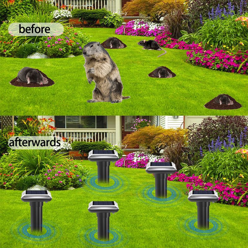 Solar Powered Ultrasonic Animal Repeller Outdoor Ground Stake Mole Possum Fox Cat Dog Deterrent for Garden Lawn Farm Yard