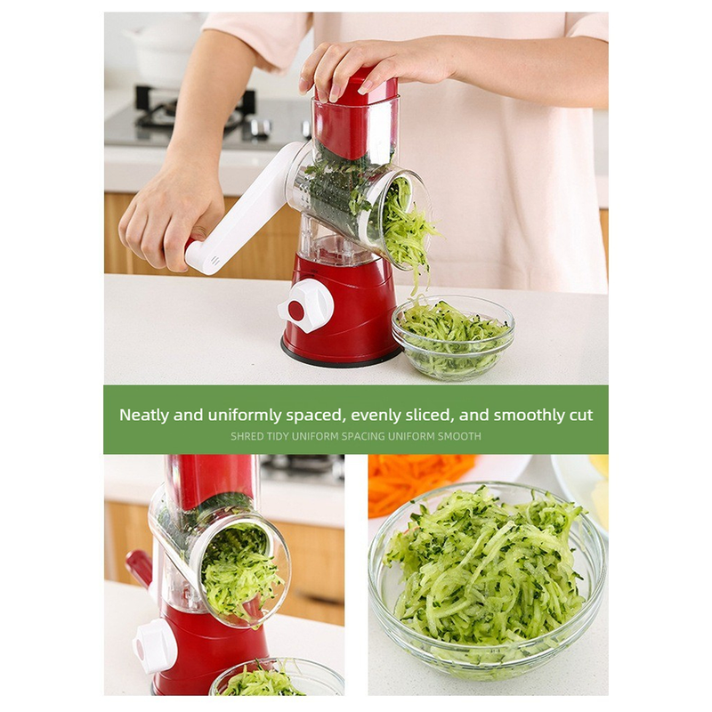 Manual Rotary Vegetable Slicer Grater, Multi‑Function Hand Crank Food Processor for Veggie Fruit Prep-red