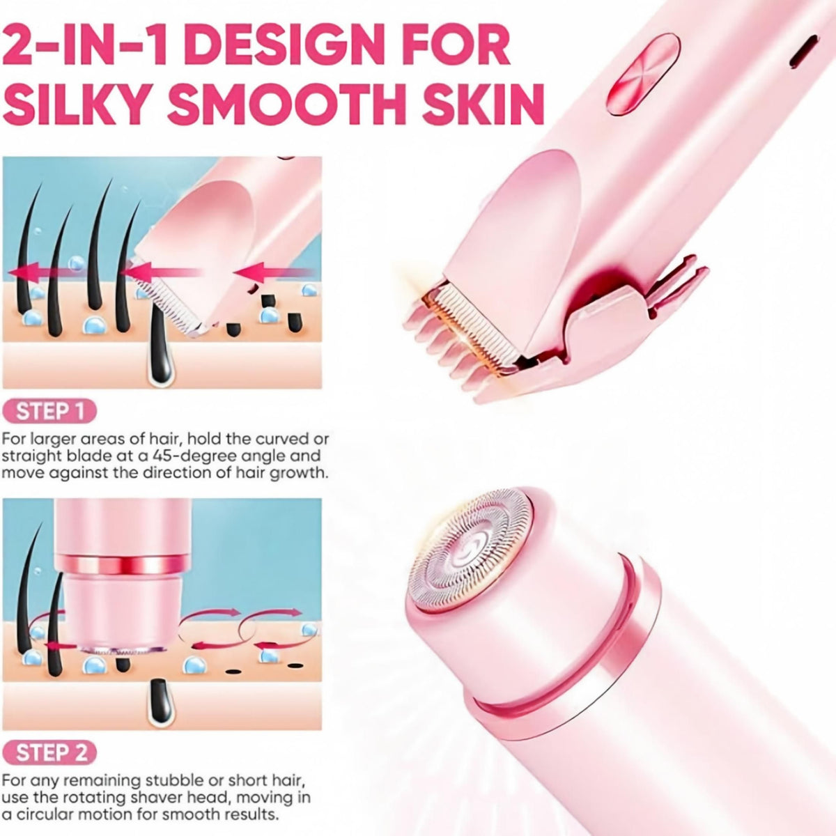 Women Electric Shaver for Hair Removal, Rechargeable Waterproof 2‑in‑1 Double‑Sided Razor, Wet & Dry Use Portable Body Hair Trimmer for Legs Armpits Bikini