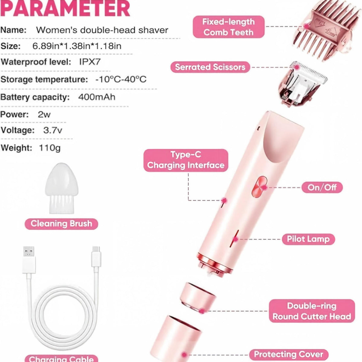 Women Electric Shaver for Hair Removal, Rechargeable Waterproof 2‑in‑1 Double‑Sided Razor, Wet & Dry Use Portable Body Hair Trimmer for Legs Armpits Bikini