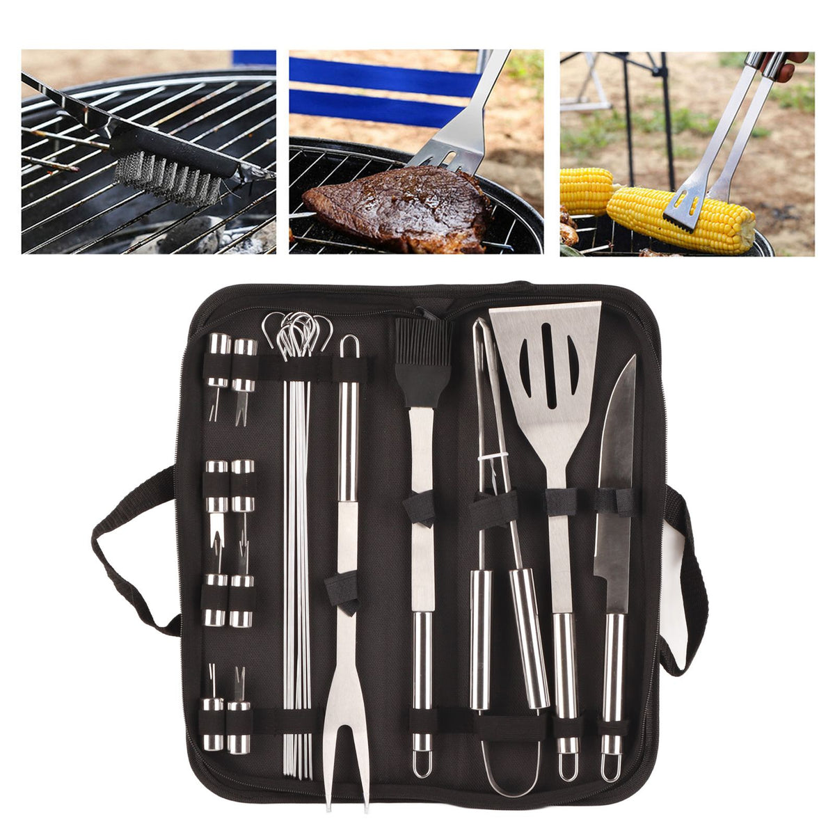 20pcs Barbecue Utensils Food Grade Stainless Steel Skewer Fork Knife BBQ Tool Set for Camping Hiking