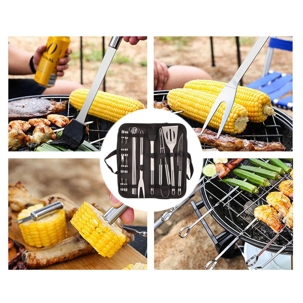 20pcs Barbecue Utensils Food Grade Stainless Steel Skewer Fork Knife BBQ Tool Set for Camping Hiking
