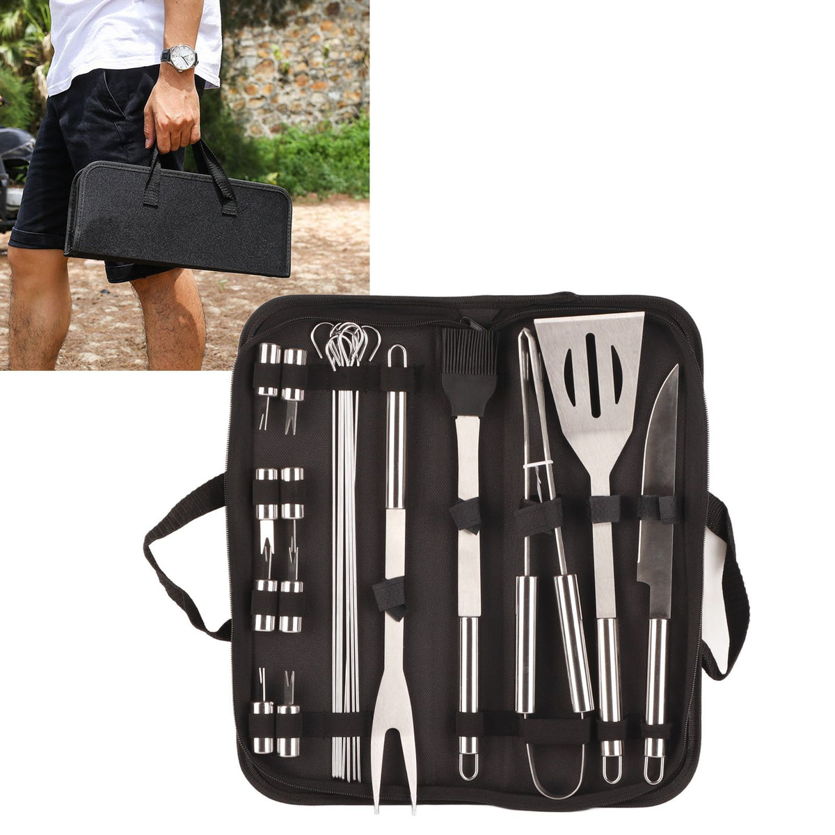20pcs Barbecue Utensils Food Grade Stainless Steel Skewer Fork Knife BBQ Tool Set for Camping Hiking
