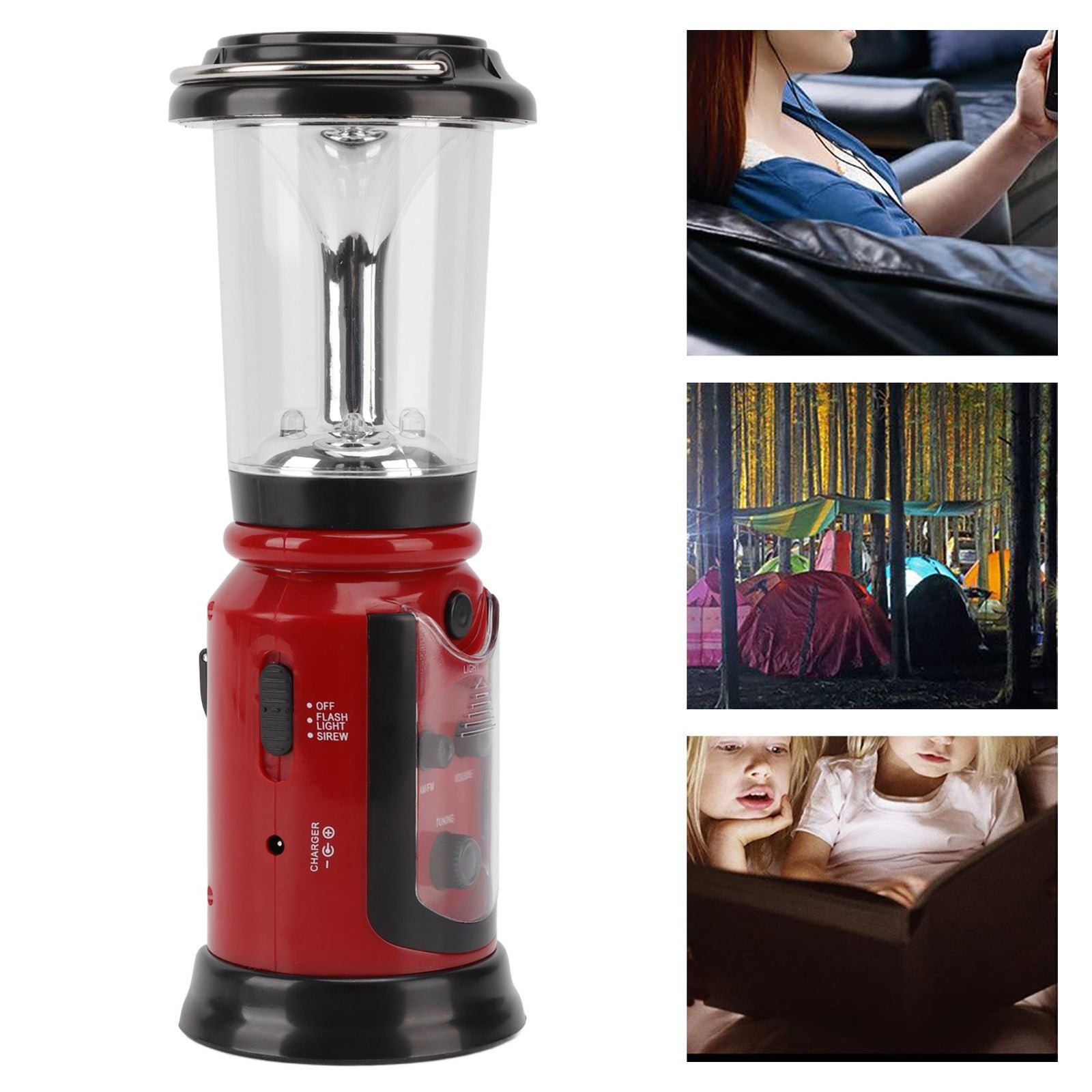 Radio Lantern Hand Crank USB Rechargeable Multi Functional AM FM Emergency Radio LED Flashlight for Camping Hiking Red