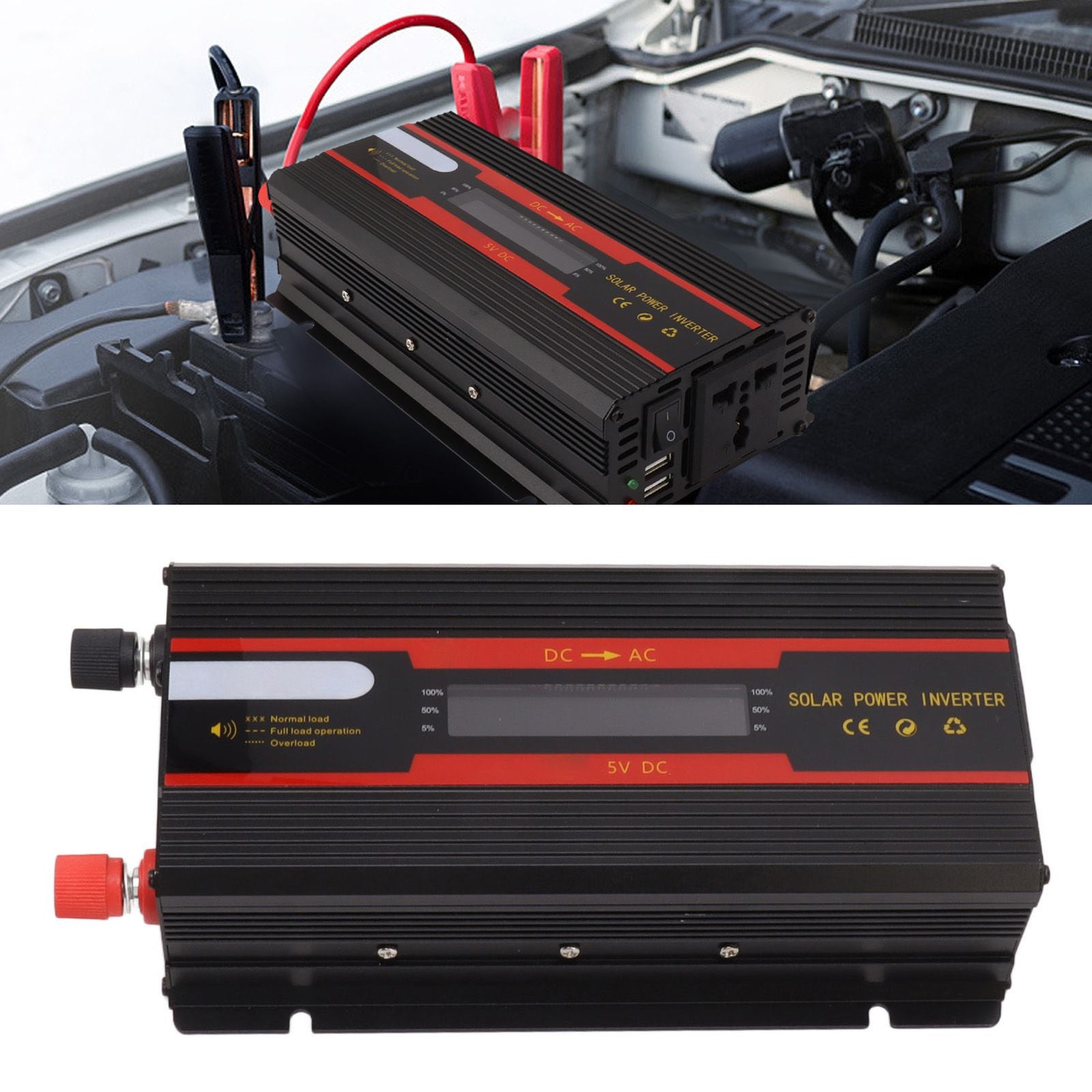 1000W Power Inverter Universal Dual Voltage 12V 24V‑220V Car Solar Power Inverter with LCD Display