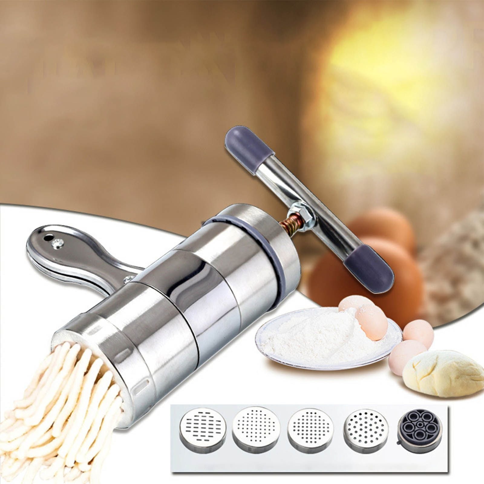 Manual Press Pasta Machine Stainless Steel Hand Wringing Noodles Making Machine with 5 Noodle Mould