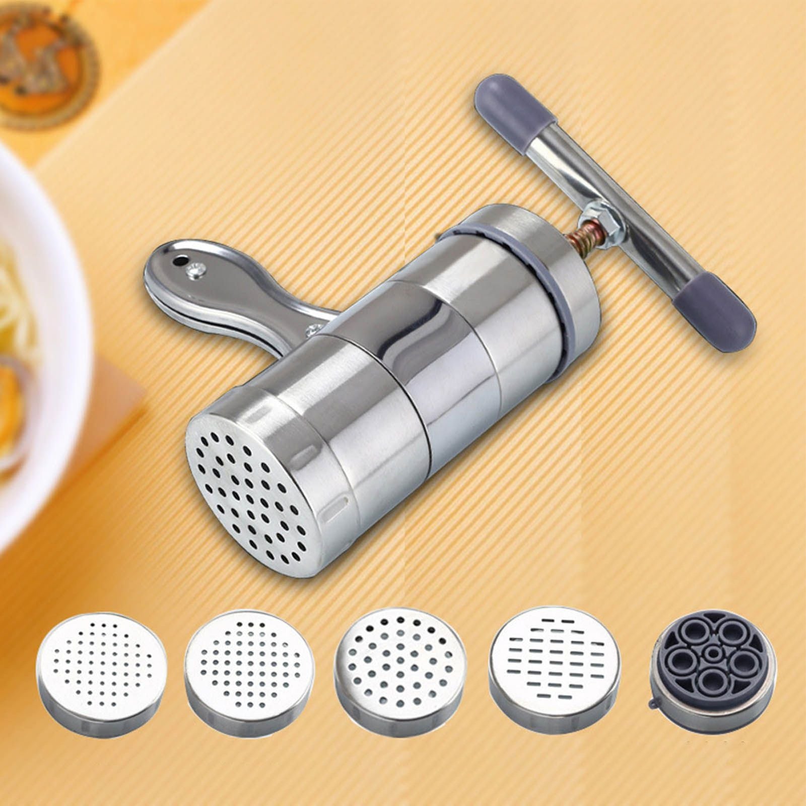 Manual Press Pasta Machine Stainless Steel Hand Wringing Noodles Making Machine with 5 Noodle Mould