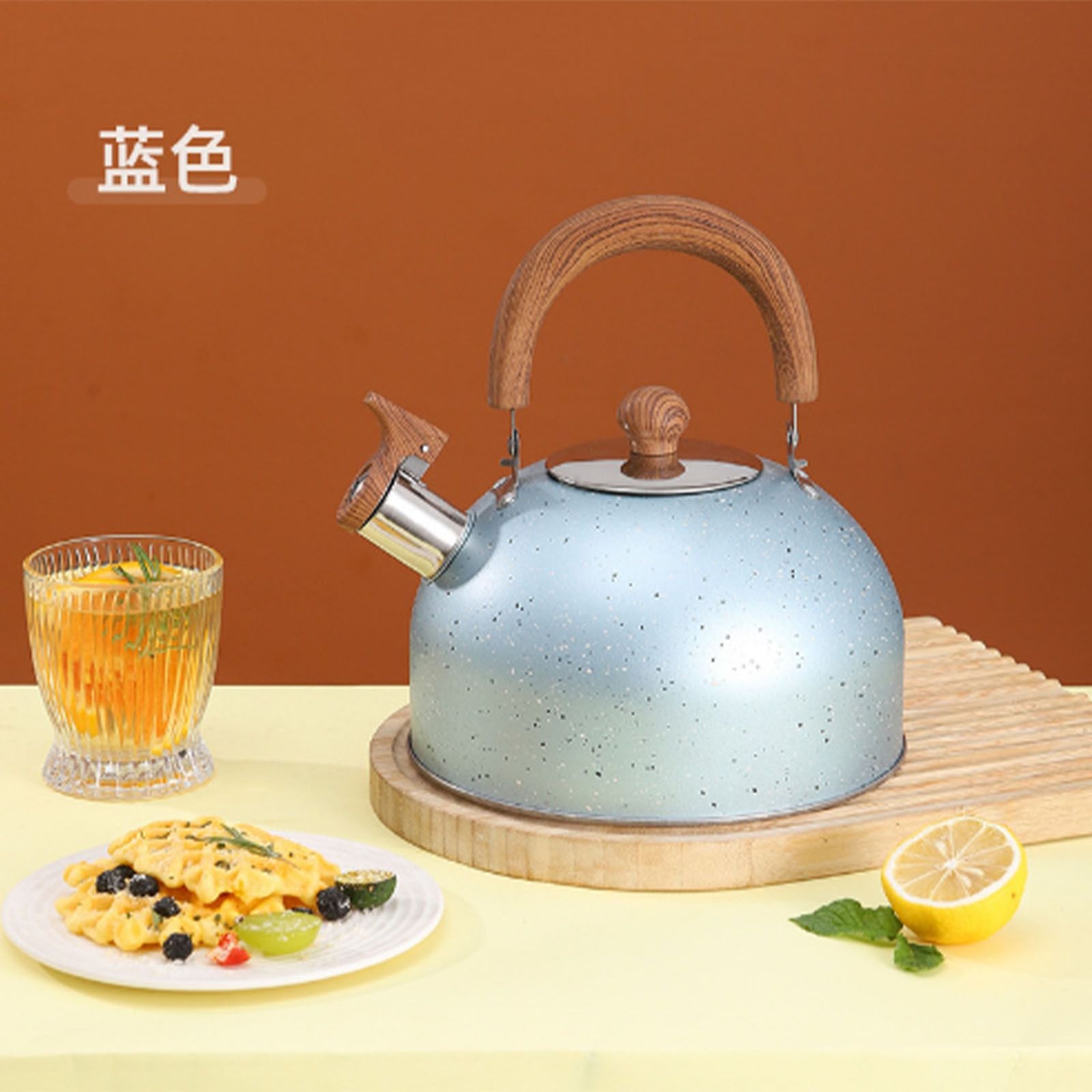 Water Kettle Stainless Steel Whistle Water Kettle Large Capacity Flat Bottomed for Gas Induction Cooker Boil Water 2L Blue