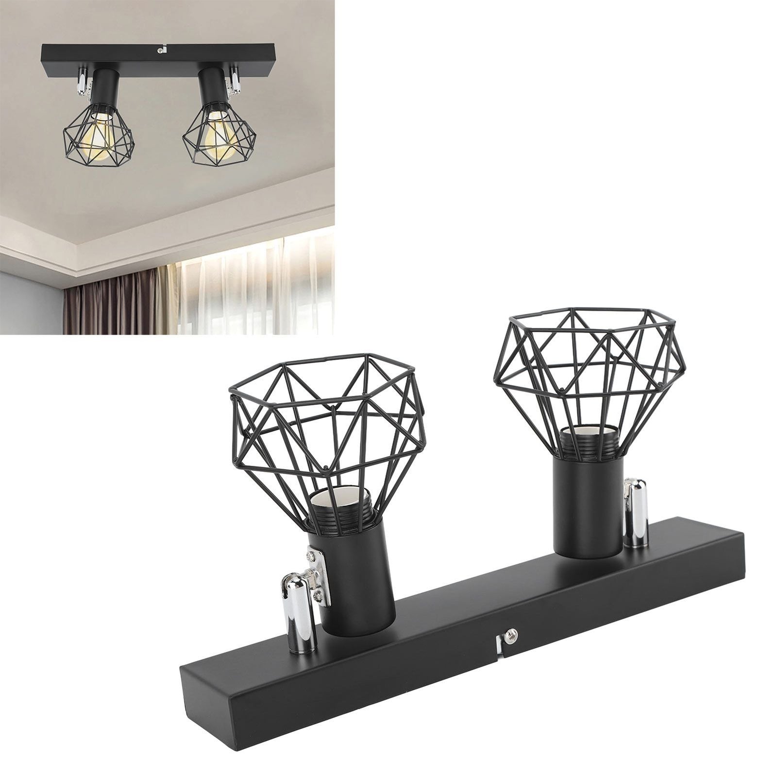 Ceiling Track Light Fixture E14 Lamp Holder Adjustable 2 Head Vintage Tracking Light Kit Hardwired Installation 85‑265V Black