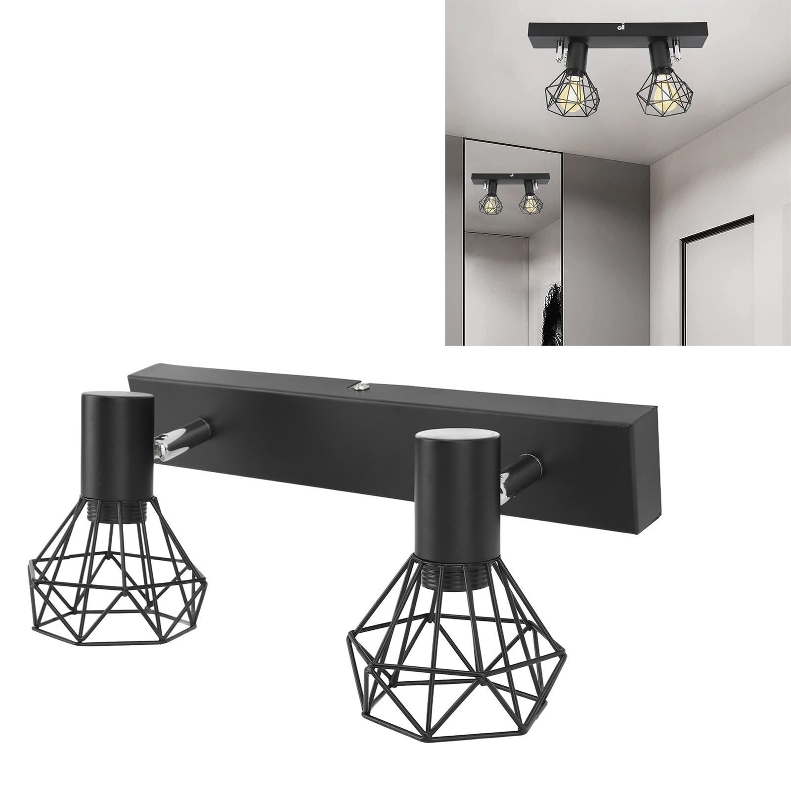 Ceiling Track Light Fixture E14 Lamp Holder Adjustable 2 Head Vintage Tracking Light Kit Hardwired Installation 85‑265V Black