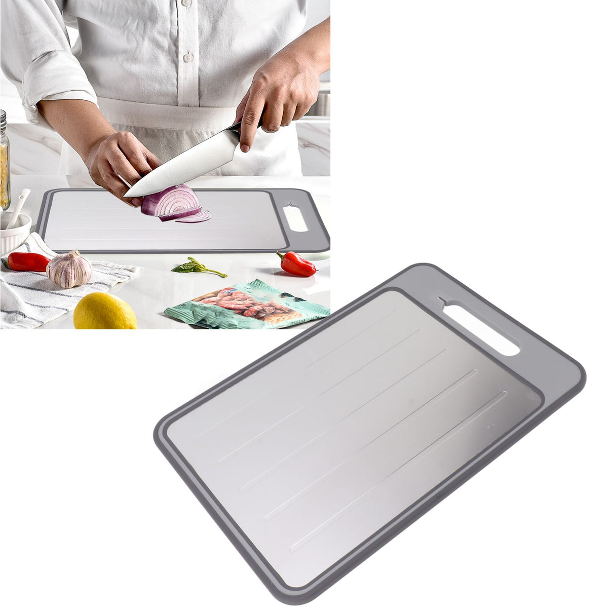 Double Sided Cutting Board Rapid Thawing and Grinding Plate with Knife Sharpener for Kitchen Grey