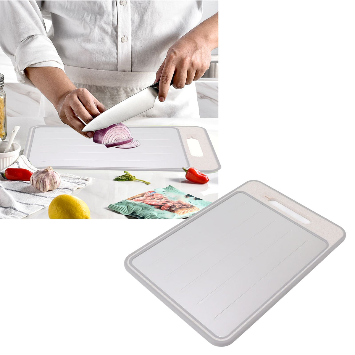 Double Sided Cutting Board Rapid Thawing and Grinding Plate with Knife Sharpener for Kitchen Khaki