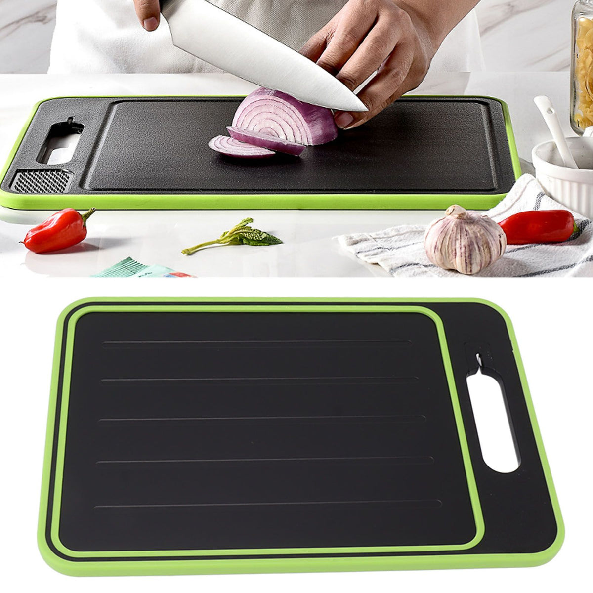Double Sided Cutting Board Rapid Thawing and Grinding Plate with Knife Sharpener for Kitchen Black