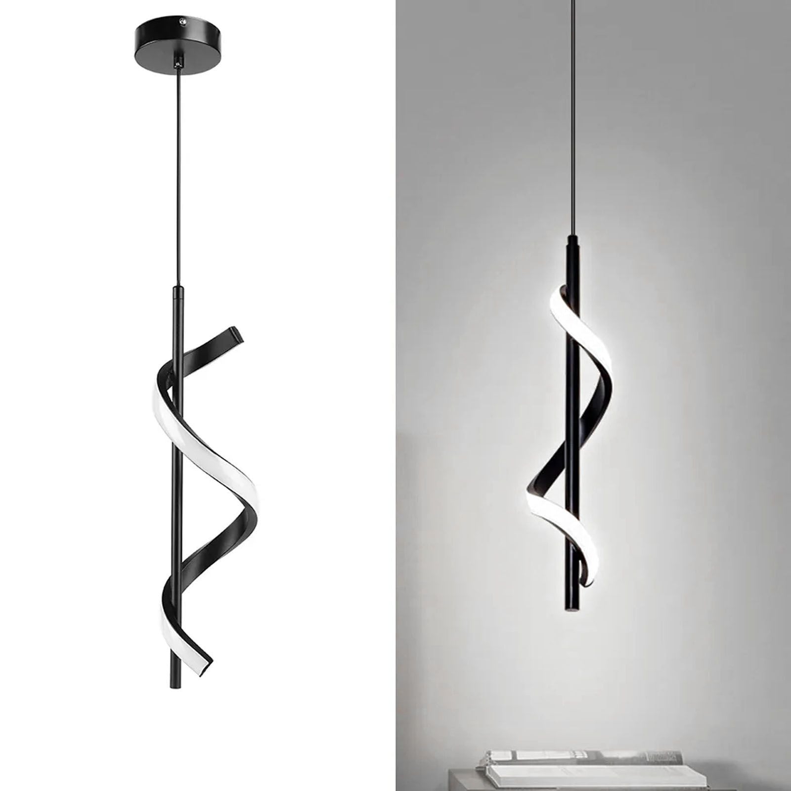 Spiral LED Pendant Light Black Glareless Bright Eyes Protection LED Hanging Lamp for Living Room Cafe Family 85‑265V White Light