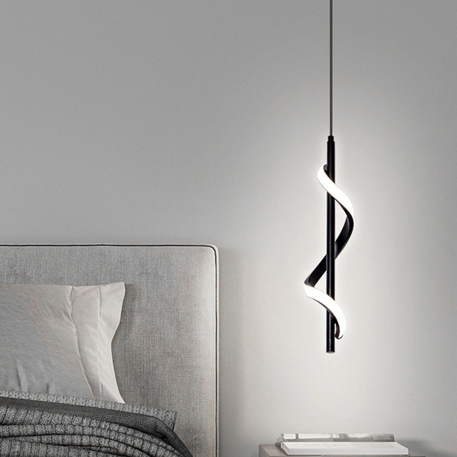 Spiral LED Pendant Light Black Glareless Bright Eyes Protection LED Hanging Lamp for Living Room Cafe Family 85‑265V White Light