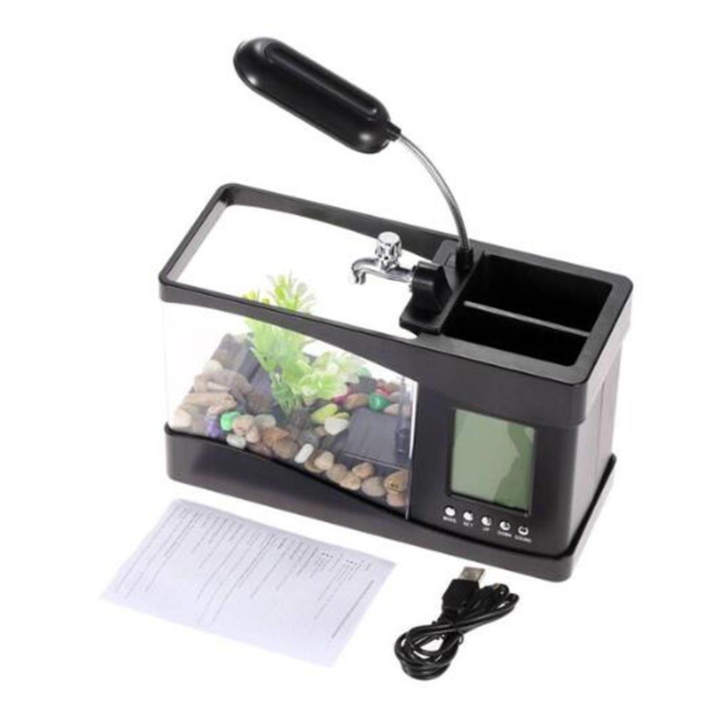 Multifunctional USB Mini Aquarium Fish Tank Aquarium with LED Lamp LCD Display Screen Clock Storage Box Fish Tank Aquarium