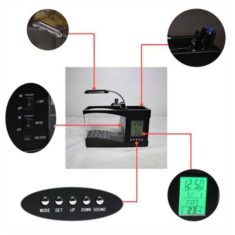 Multifunctional USB Mini Aquarium Fish Tank Aquarium with LED Lamp LCD Display Screen Clock Storage Box Fish Tank Aquarium