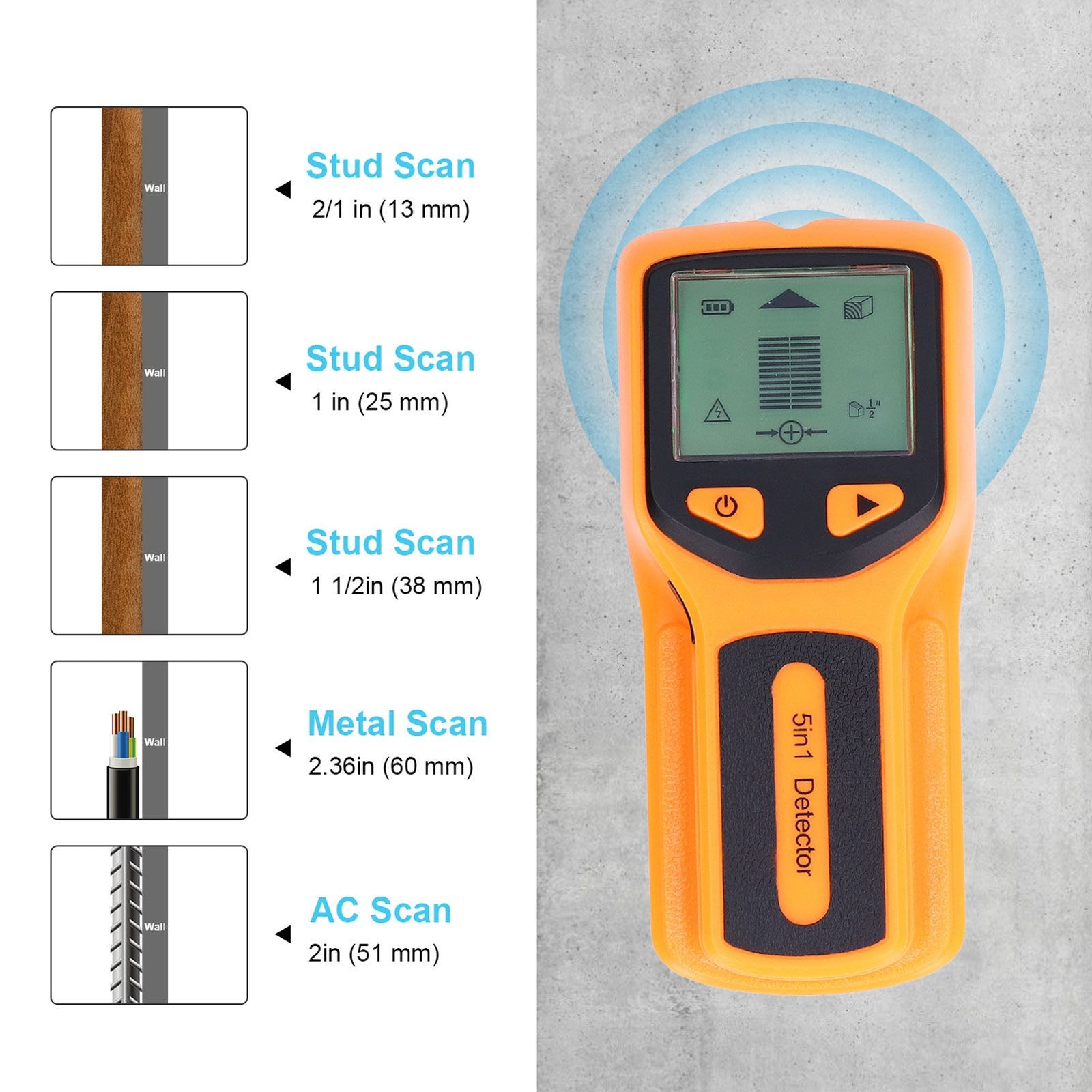 5 in 1 Stud Finder Multifunctional Wall Scanner LCD Electronic Metal Studs Detector HW430Yellow