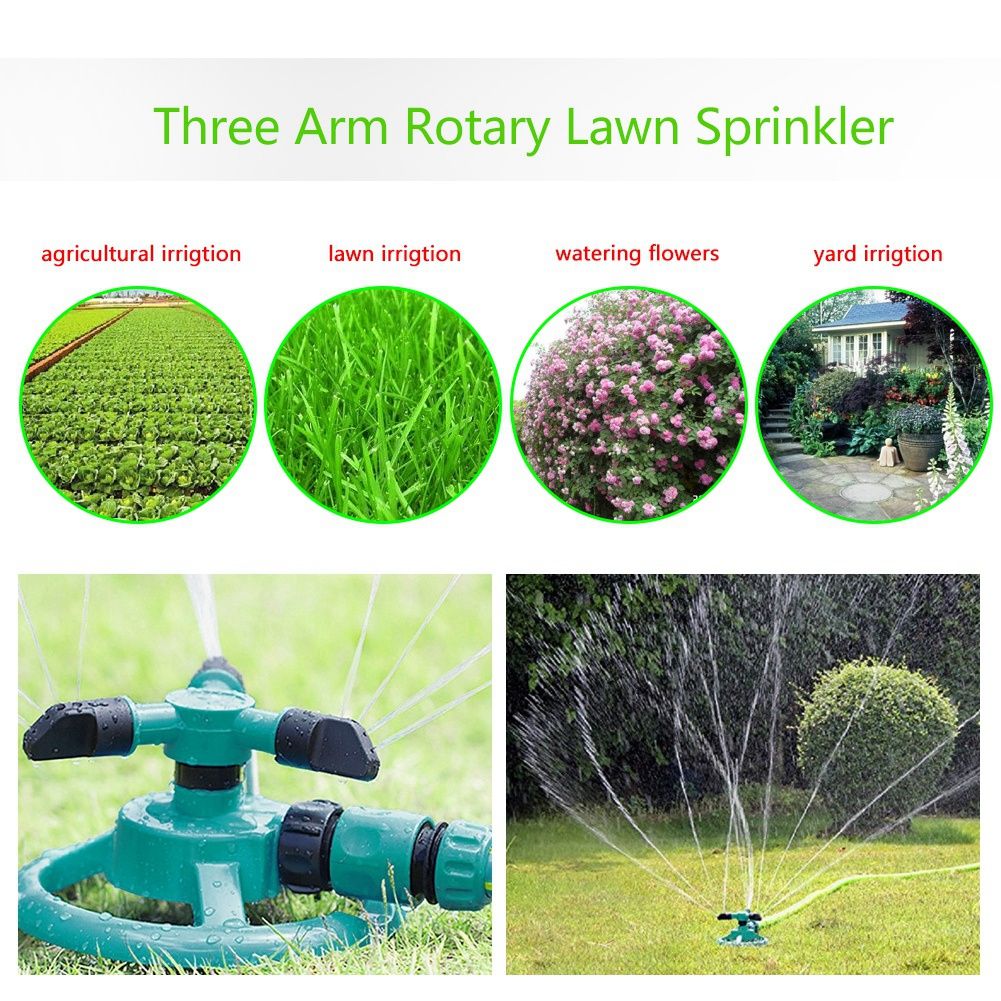 360° Fully Circle Rotating Watering Sprinkler Irrigation System 3 Nozzle Pipe Hose for Garden