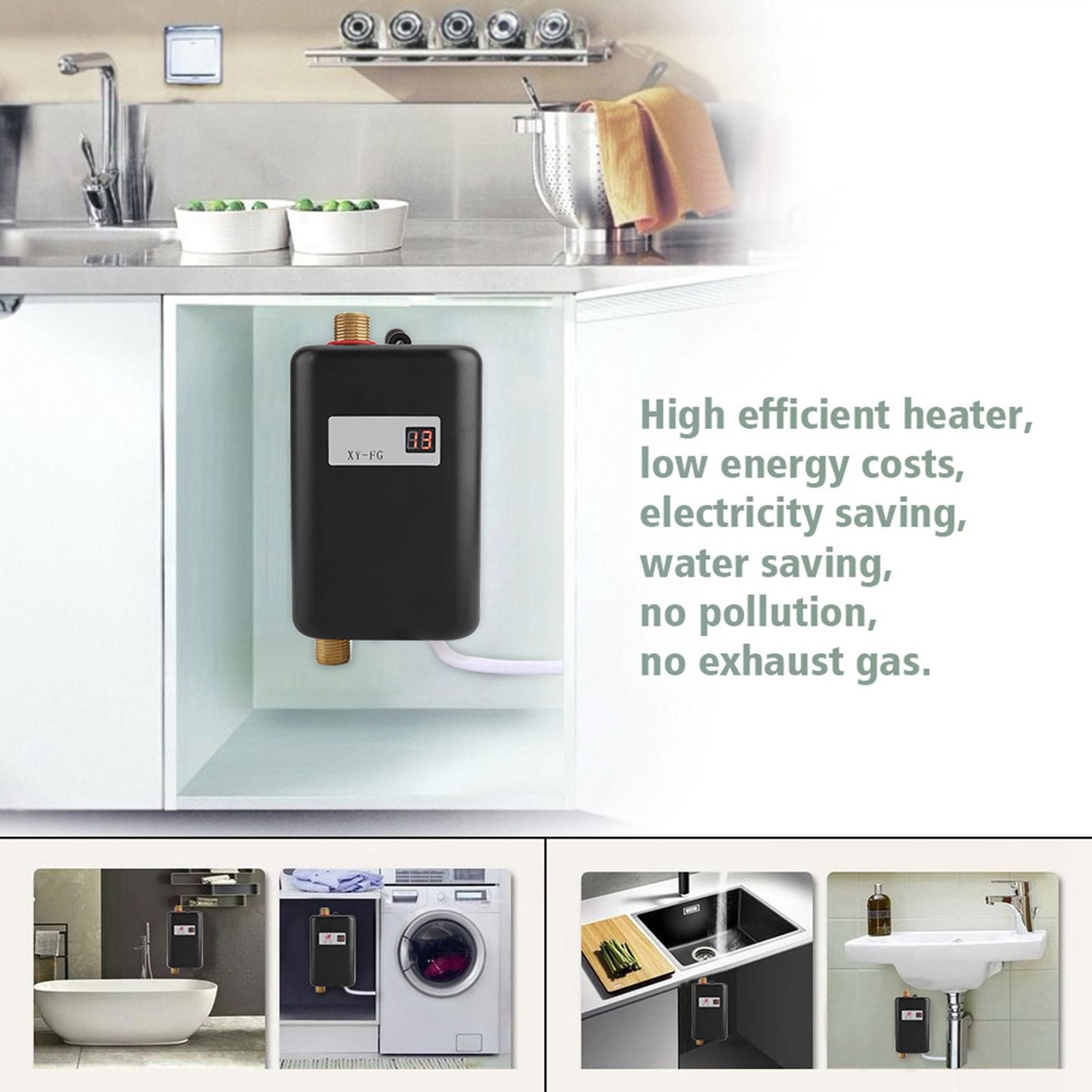 220V 3800W Mini Electric Tankless Instant Hot Water Heater Bathroom Kitchen Washing Black