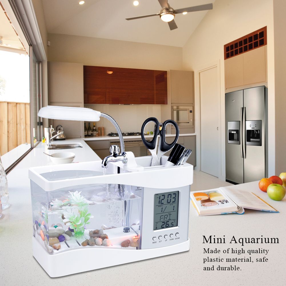 Multifunctional USB Rechargeable Mini Fish Tank Aquarium with Clock Function LED Light White