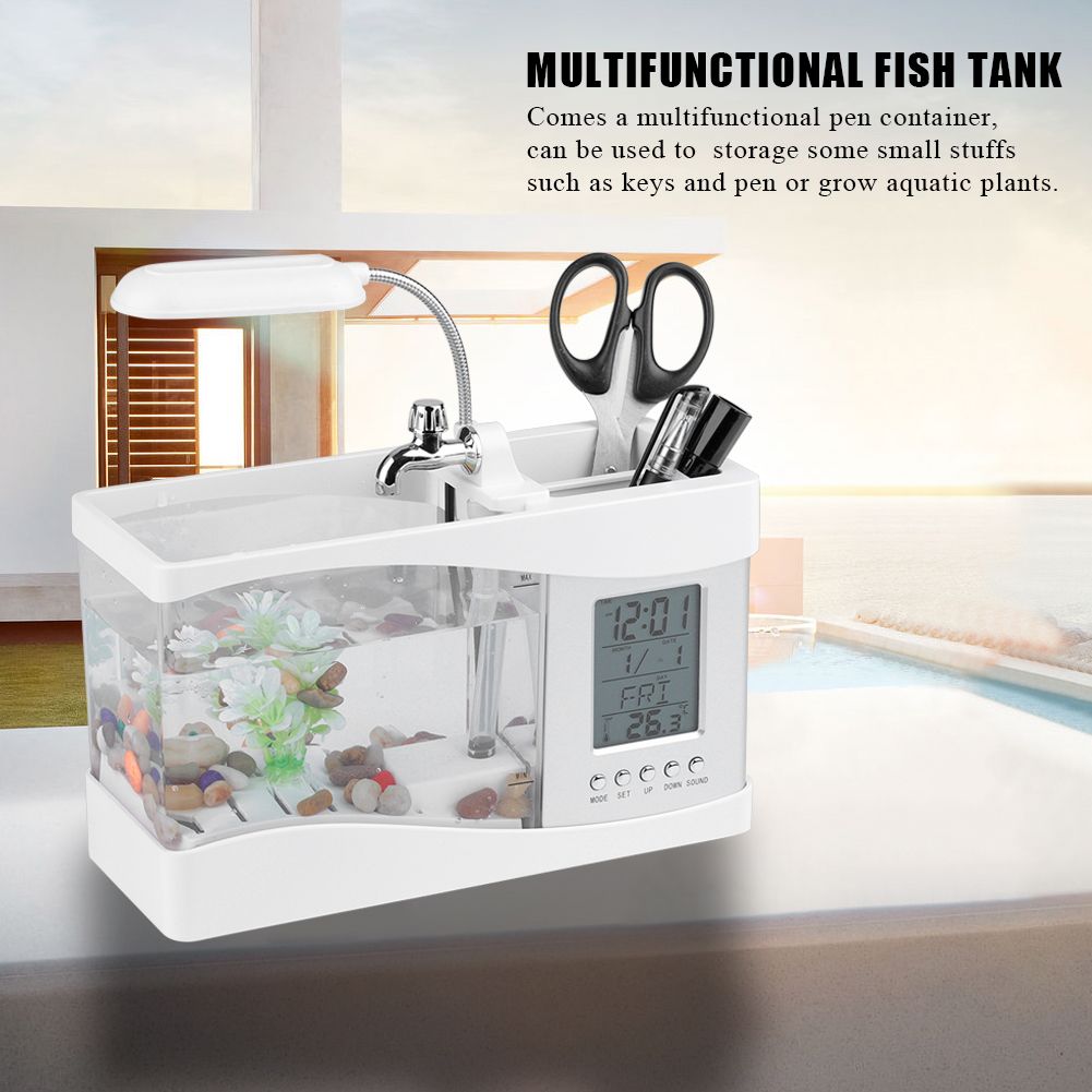 Multifunctional USB Rechargeable Mini Fish Tank Aquarium with Clock Function LED Light White