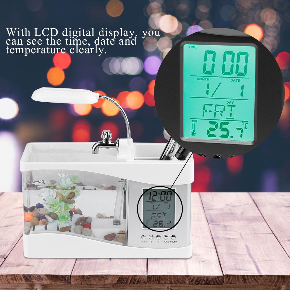 Multifunctional USB Rechargeable Mini Fish Tank Aquarium with Clock Function LED Light White