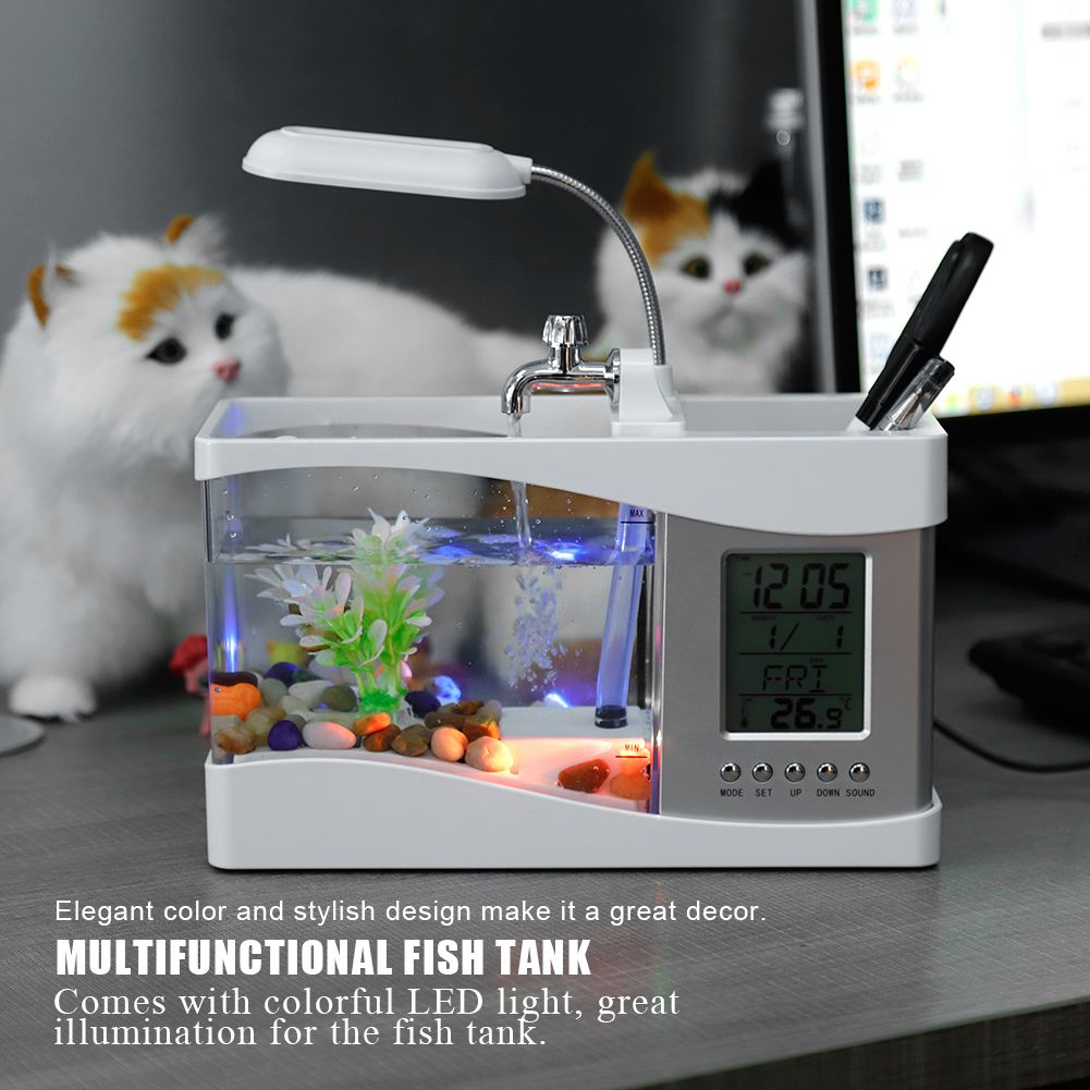 Multifunctional USB Rechargeable Mini Fish Tank Aquarium with Clock Function LED Light White