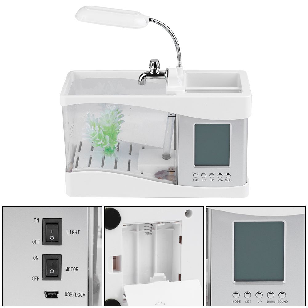 Multifunctional USB Rechargeable Mini Fish Tank Aquarium with Clock Function LED Light White