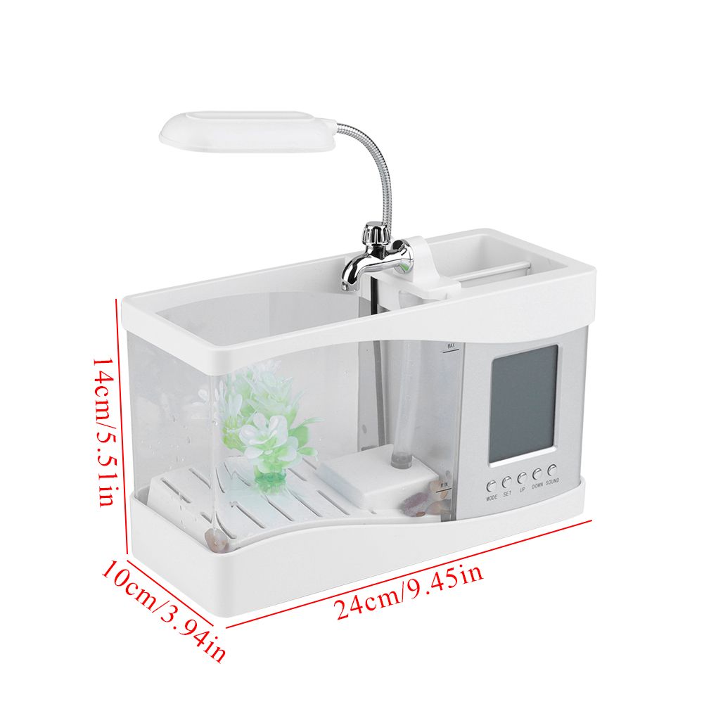 Multifunctional USB Rechargeable Mini Fish Tank Aquarium with Clock Function LED Light White